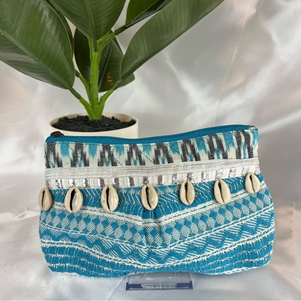 Boho Turquoise Shell Tassel Clutch Handmade Beach Makeup Pouch Zipper Bag